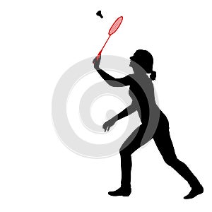 Black silhouette of female badminton player on white background