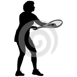 Black silhouette of female badminton player on white background