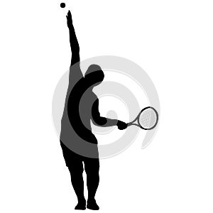 Black silhouette of female badminton player on white background