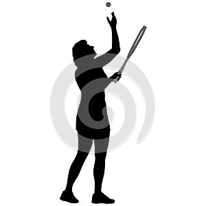 Black silhouette of female badminton player on white background