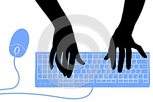 Black silhouette of female hands with a blue computer keyboard and computer mouse
