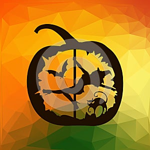 Black silhouette of female pole dancer carved in Halloween pumpkin on autumn abstract geometric triangles background.