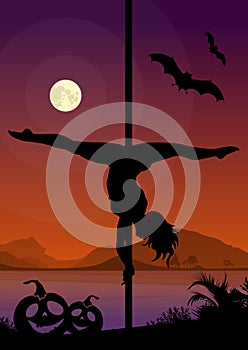 Black silhouette of female pole dancer performing pole moves in front of river and full moon at Halloween night