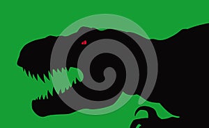 Black silhouette of a ferocious tyrannosaurus on a green background.