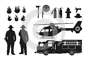 Black silhouette of firefighters and fire fighting equipment on white background. Helicopter and firemans car.
