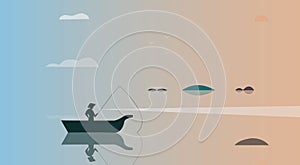 Black silhouette of a fisherman sitting in a boat and fishing with a rod. Vector illustration