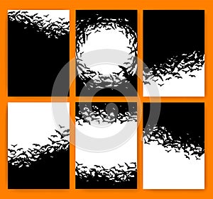 Black silhouette a flock of flying bats isolated on white background. Halloween poster set