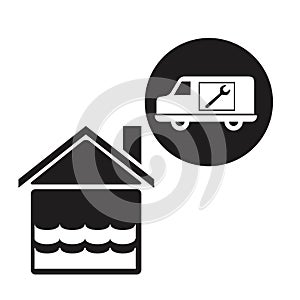 Black silhouette flooded house icon with circular frame with service vehicle inside