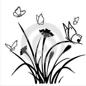 black silhouette of flowers and butterflies on a transparent background, isolated element