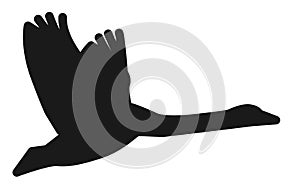 A black silhouette of a flying swan against a white backdrop