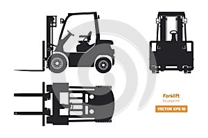 Black silhouette of forklift. Top, side and front view. Hydraulic machinery blueprint. Industrial isolated loader