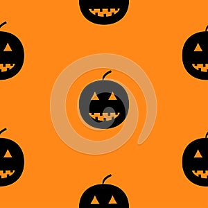 Black silhouette funny smiling pumpkins. Cute cartoon baby character. Happy Halloween. Seamless pattern. Orange background.