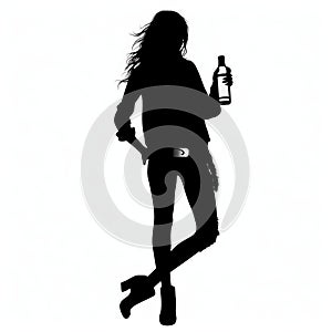 Black Silhouette Girl With Bottle Of Alcohol - Cowboy Style Print Illustration