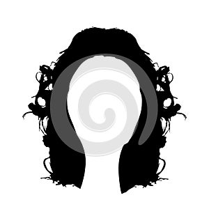 Black silhouette of a girl with curly hair. Long hair hairstyle silhouette. Portrait of a girl in full face. Vector