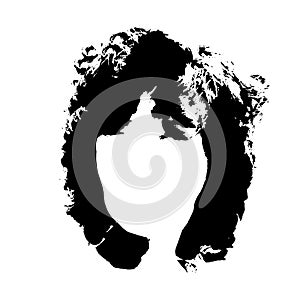 Black silhouette of a girl with curly hair. Long hair hairstyle silhouette. Portrait of a girl in full face. Vector