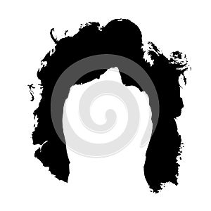 Black silhouette of a girl with curly hair. Long hair hairstyle silhouette. Portrait of a girl in full face. Vector