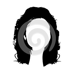 Black silhouette of a girl with curly hair. Long hair hairstyle silhouette. Portrait of a girl in full face. Vector