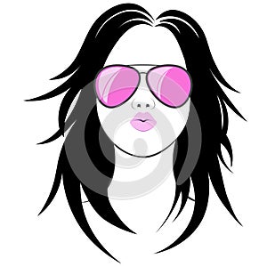 Black silhouette of a girl with long curly hair in pink glasses isolated on white background