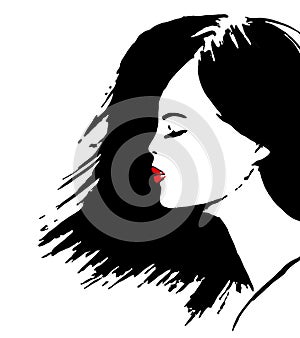 Black silhouette of a girl with red lips on a white background
