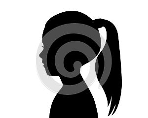 Black silhouette of a girl`s head. Child profile. Long hair pulled in a ponytail. Female silhouette. Drawing isolated on a white