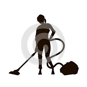 Black silhouette of girl with vacuum cleaner. Isolated woman cleaning floor. Housemaid with hoover doing homework