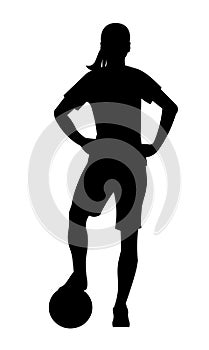 Black silhouette of a girl women's football player stands with her foot on the ball on white background