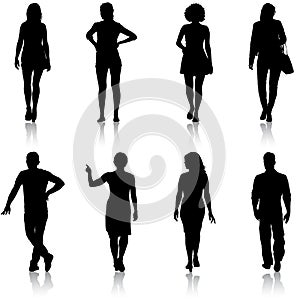 Black silhouette group of people standing in various poses