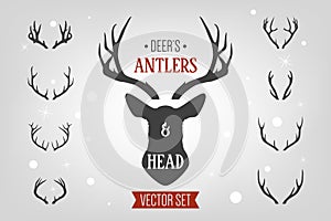 Black silhouette hand drawn deer s horn, antler and head set. Animal antler collection. Design elements of deer