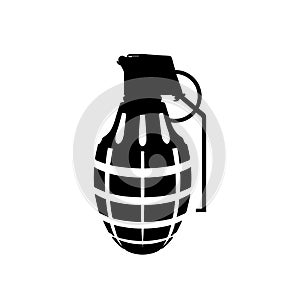 Black silhouette of hand grenade. Army explosive. Weapon icon. Military isolated object photo