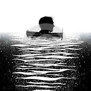 Black silhouette of a head in the boat on the water on white background