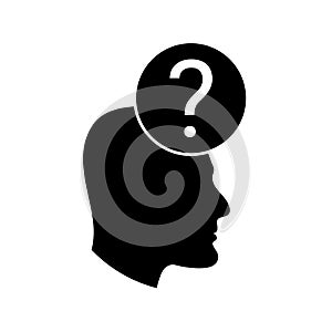 Black silhouette of head with question mark in circle. Vector flat illustration