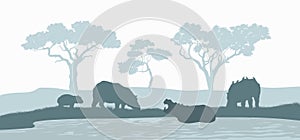 Black silhouette of hippopotamus family. Scene with hippos. Landscape of wild african animals. Savannah panorama