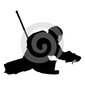 Black silhouette of a hockey goalkeeper in motion. Ice hockey