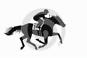 A black silhouette of a horse with a jockey