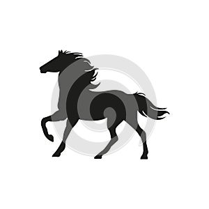 Black silhouette horse wild or domestic animal running with head looks back cartoon design flat  illustration isolated on