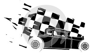 black silhouette of hot rod car with race flag