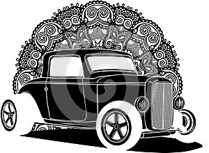 black silhouette of hot rod with mandala ornaments