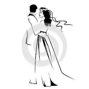 Black silhouette of huging groom and bride,lovers logo,