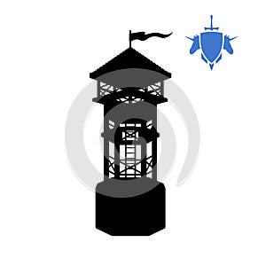 Black silhouette of human tower. Fantasy object. Archer medieval watchtower. Game fortress icon