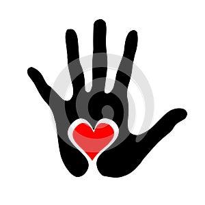 Black silhouette of humans handprint with heart symbol in open palm isolated on white background