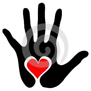 Black silhouette of humans handprint with heart symbol in open palm on white background.