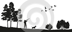 Black silhouette of a hunter with a dog in the forest. Duck hunting. Landscape of wild nature