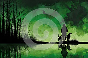Black silhouette of a hunter man with two hunting dogs on lake in forest nature. Watercolor style illustration in green