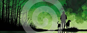 Black silhouette of a hunter man with two hunting dogs on lake in forest nature. Watercolor style illustration in green