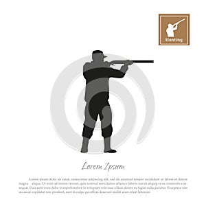 Black silhouette of a hunter on a white background. Man shooting a gun