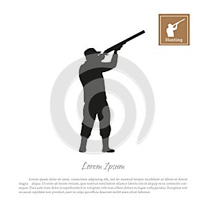 Black silhouette of a hunter on a white background. Man shooting a gun