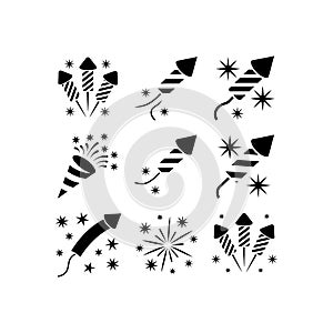 Black silhouette icons of fireworks and rockets on white background celebration pyrotechnics