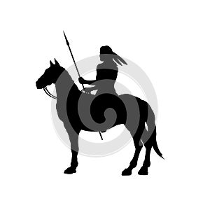 Black silhouette of indian on horse. Isolated image of western rider with spear. American landscape