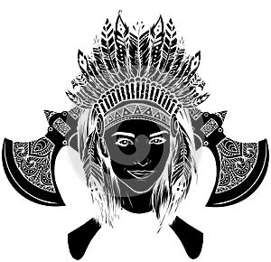 black silhouette of indian woman warrior with ax