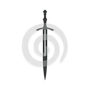 Black silhouette of isolated knight sword. Medieval weapon icon. Fantasy longsword sign